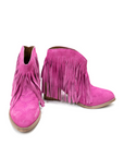 Amos Fringe Ankle Bootie in Magenta Suede