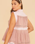 Annie Wear Contrast Trim Peplum Button Detail Blouse- Dusty Pink