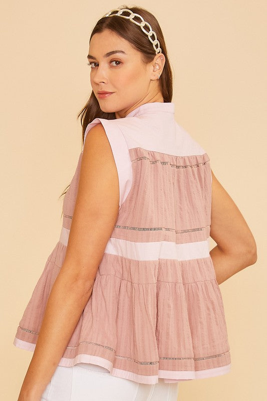 Annie Wear Contrast Trim Peplum Button Detail Blouse- Dusty Pink