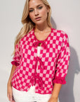 Double Take Tied Checkered Dropped Shoulder Flounce Sleeve Cardigan