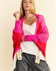 Davi & Dani Openwork Contrast Open Front Cardigan- Red Multicolor