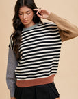 Annie Wear Striped Color Block Round Neck Sweater-Ivory/Black