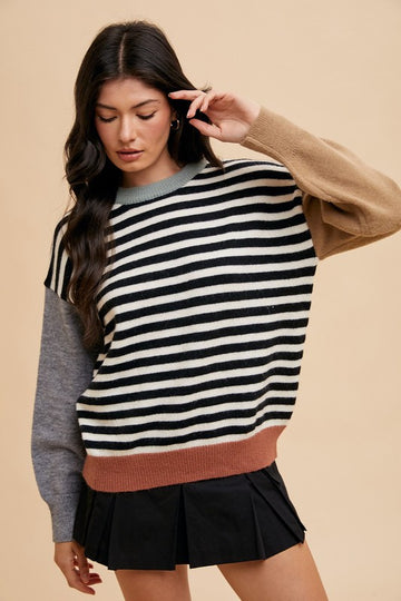 Annie Wear Striped Color Block Round Neck Sweater-Ivory/Black