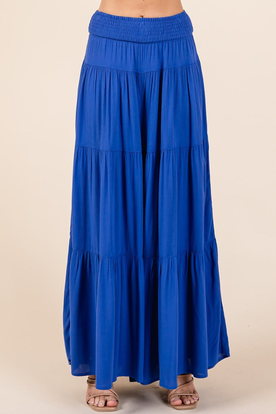 Mittoshop Tier Detail Smocked Elastic Waist Wide Leg Pants-Cobalt