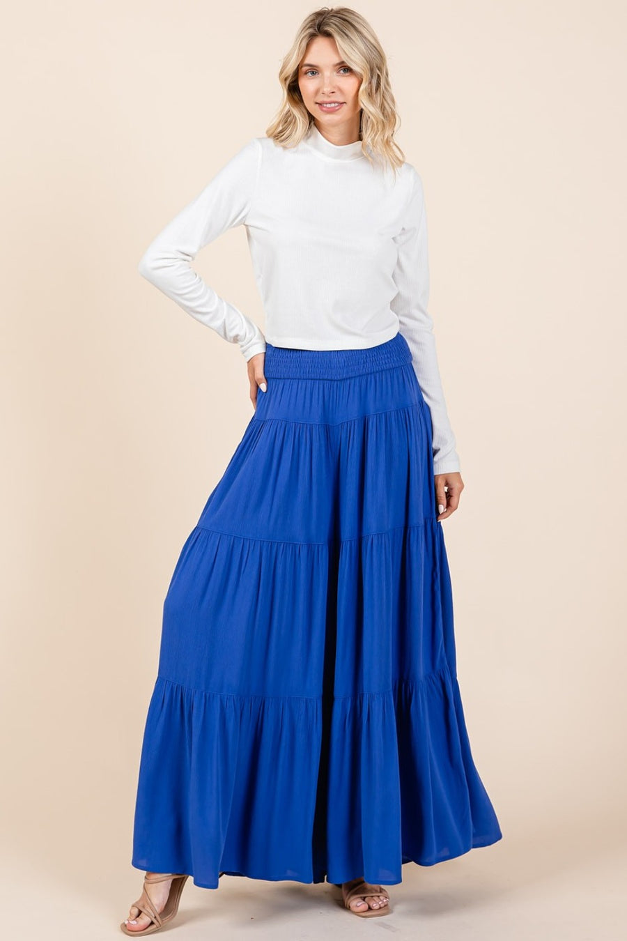 Mittoshop Tier Detail Smocked Elastic Waist Wide Leg Pants-Cobalt