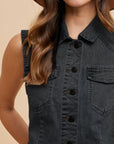 Annie Wear Collared Neck Button Down Denim Vest- Black