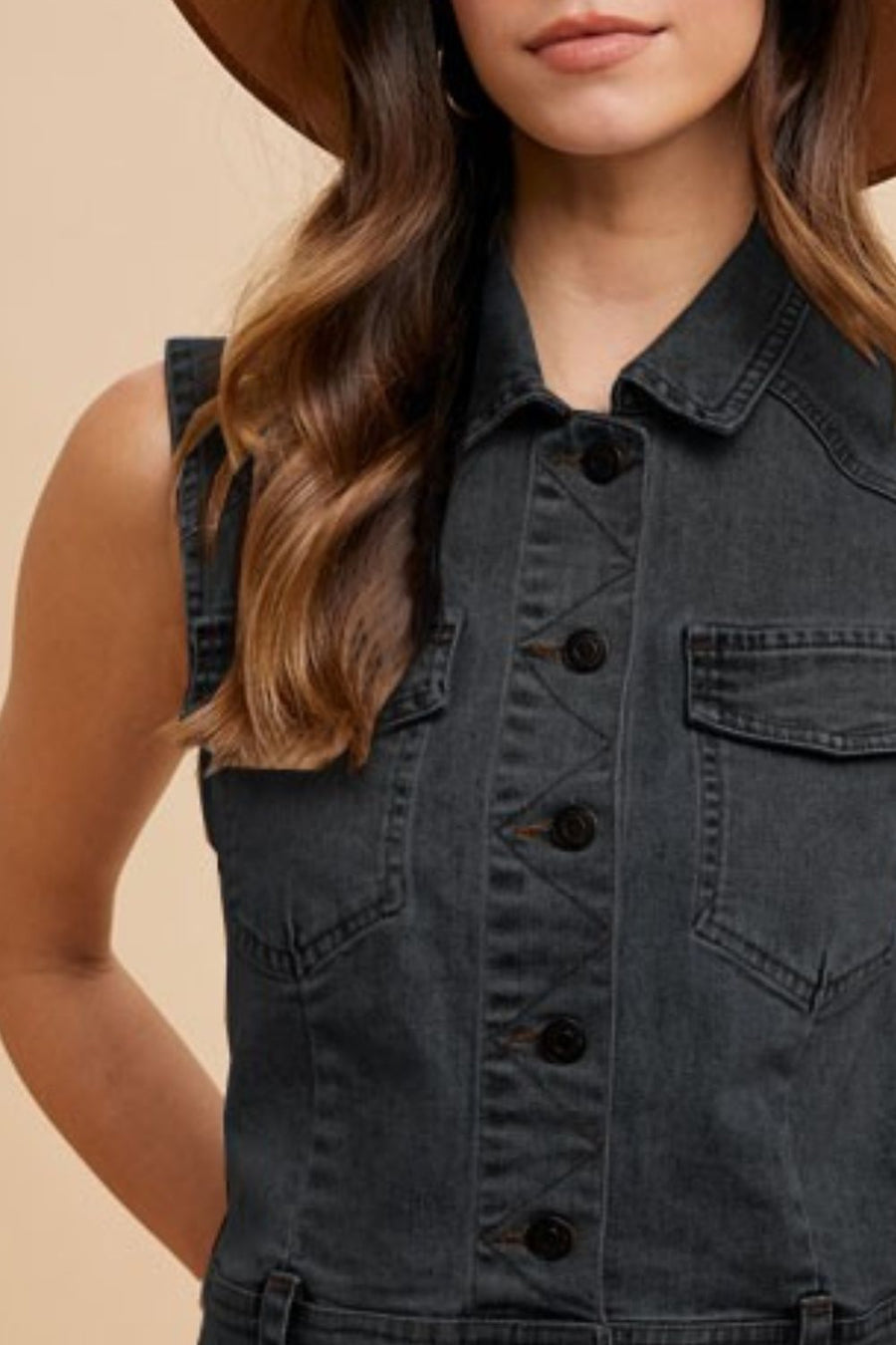 Annie Wear Collared Neck Button Down Denim Vest- Black