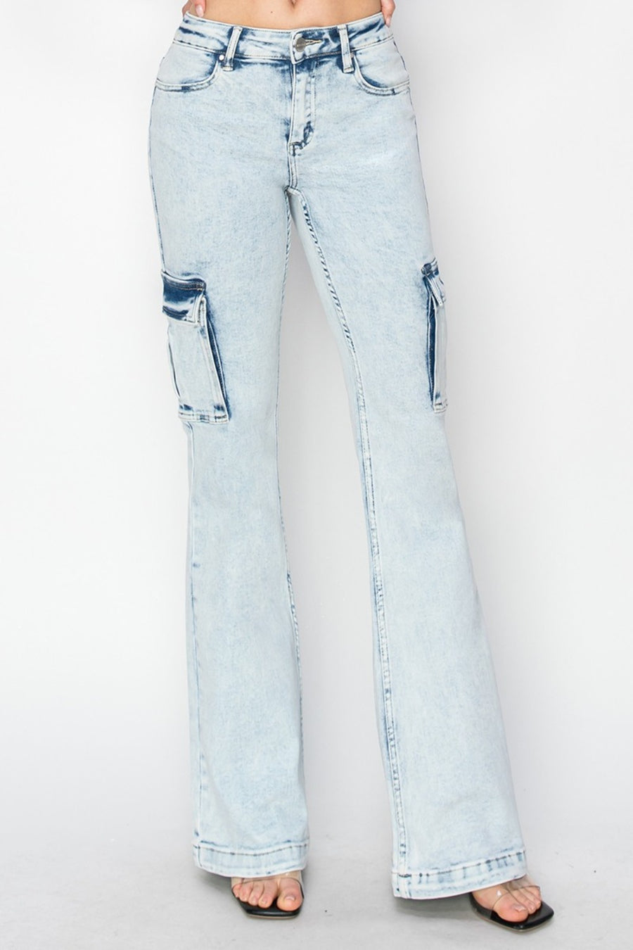 RISEN Full Size High Rise Cargo Flare Jeans-acid light