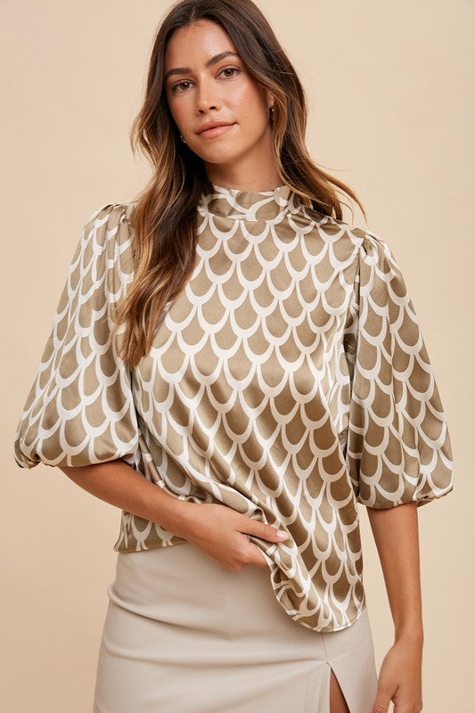 Annie Wear Tie Back Abstract Print Mock Neck Half Sleeve Blouse- Khaki