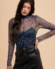 Annie Wear Floral Lettuce Hem Sheer Mesh Top- Black/Blue