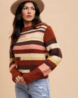 Annie Wear Color Block Round Neck Long Sleeve Sweater-Chocolate