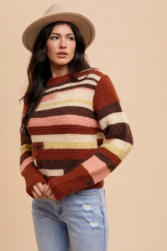 Annie Wear Color Block Round Neck Long Sleeve Sweater-Chocolate