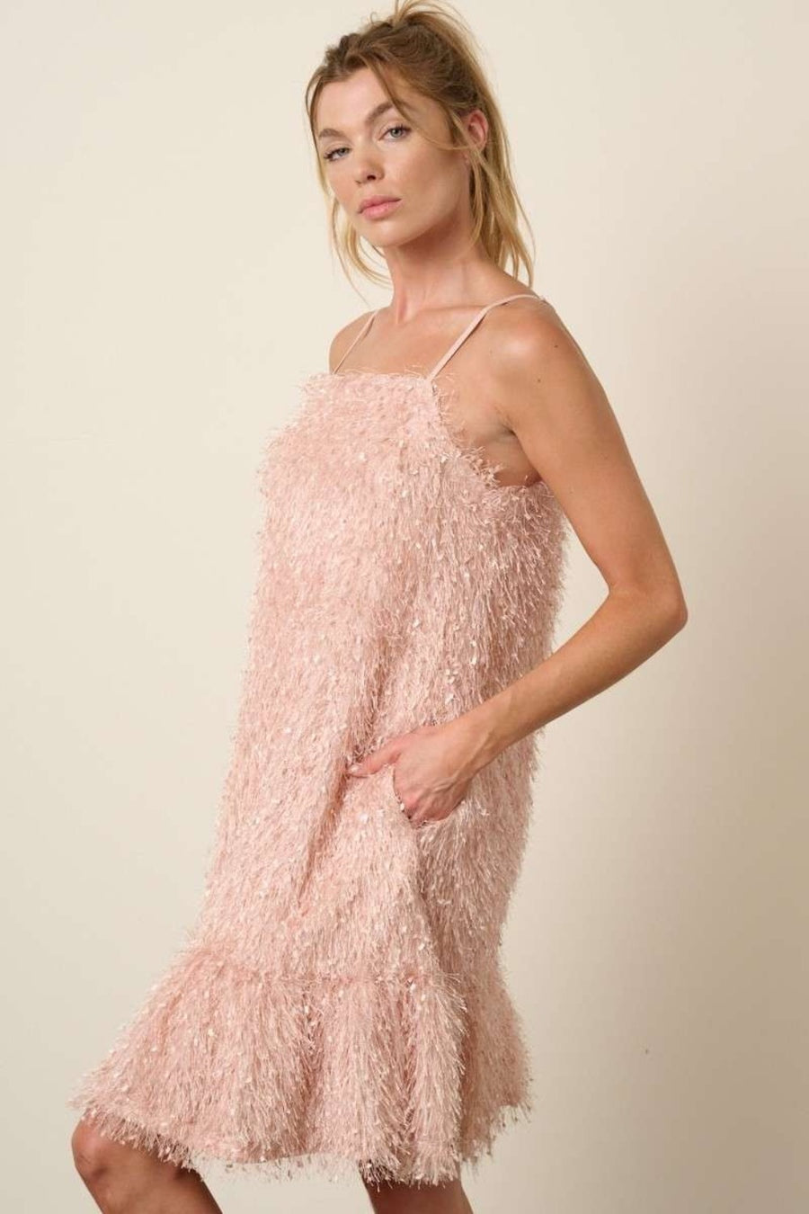 Mittoshop Feather Ruffle Hem Mini Cami Dress- Blush