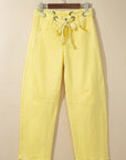 Yellow Solid Color Grommet Detail Knot Waist Barrel Jeans