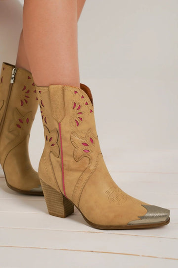 Beast Fashion Cut-Out Floral Embroidery Boots- Camel