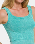 Zenana Washed Ribbed Scoop Neck Wide Strap Tank- Lt teal