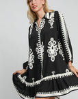 Umgee Border Print Button Down Ruffled Hem Dress