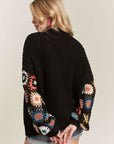 ADORA Full Size Contrast Crochet Open Front Long Sleeve Cardigan- Black