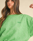 Mable Round Neck Letter Embroidery Crop Sweatshirt- Apple Green