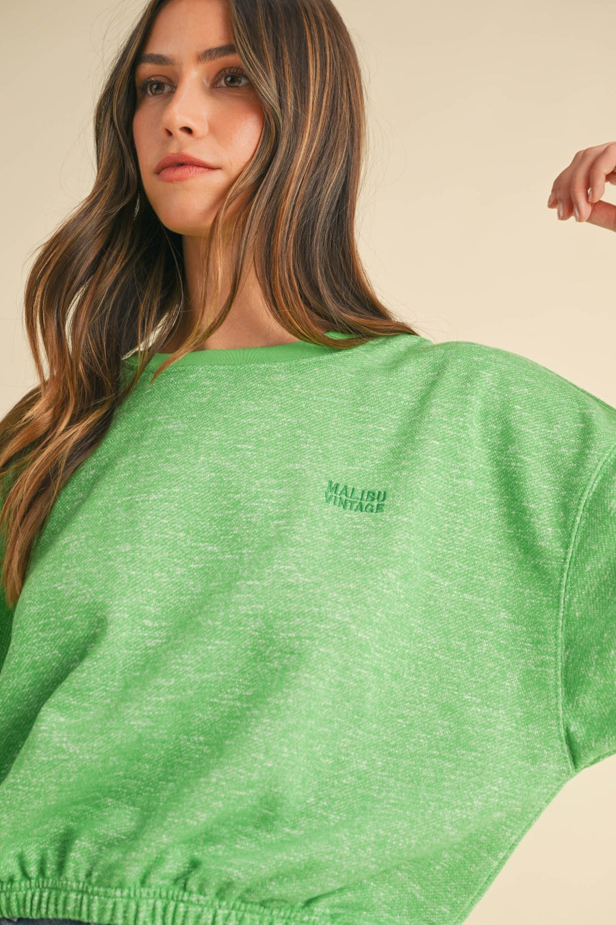 Mable Round Neck Letter Embroidery Crop Sweatshirt- Apple Green