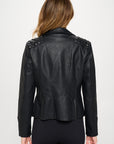 Coalition LA Studded Classic Moto Faux Leather Jacket- Black