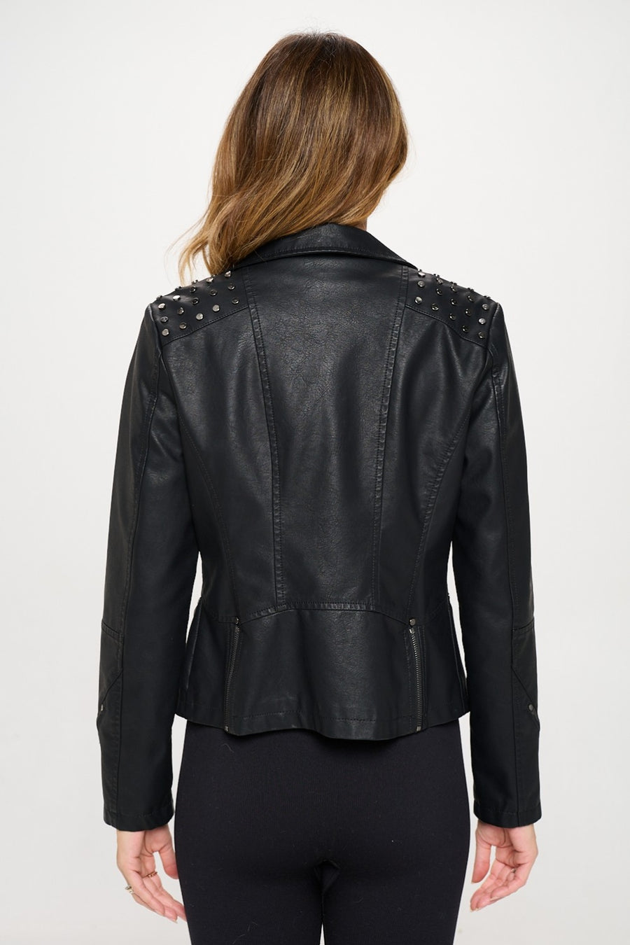 Coalition LA Studded Classic Moto Faux Leather Jacket- Black