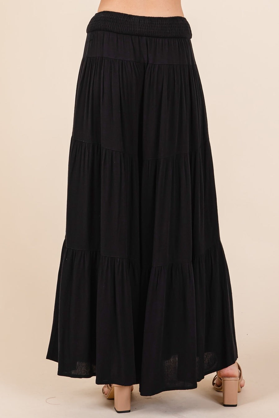 Mittoshop Tier Detail Smocked Elastic Waist Wide Leg Pants- Black