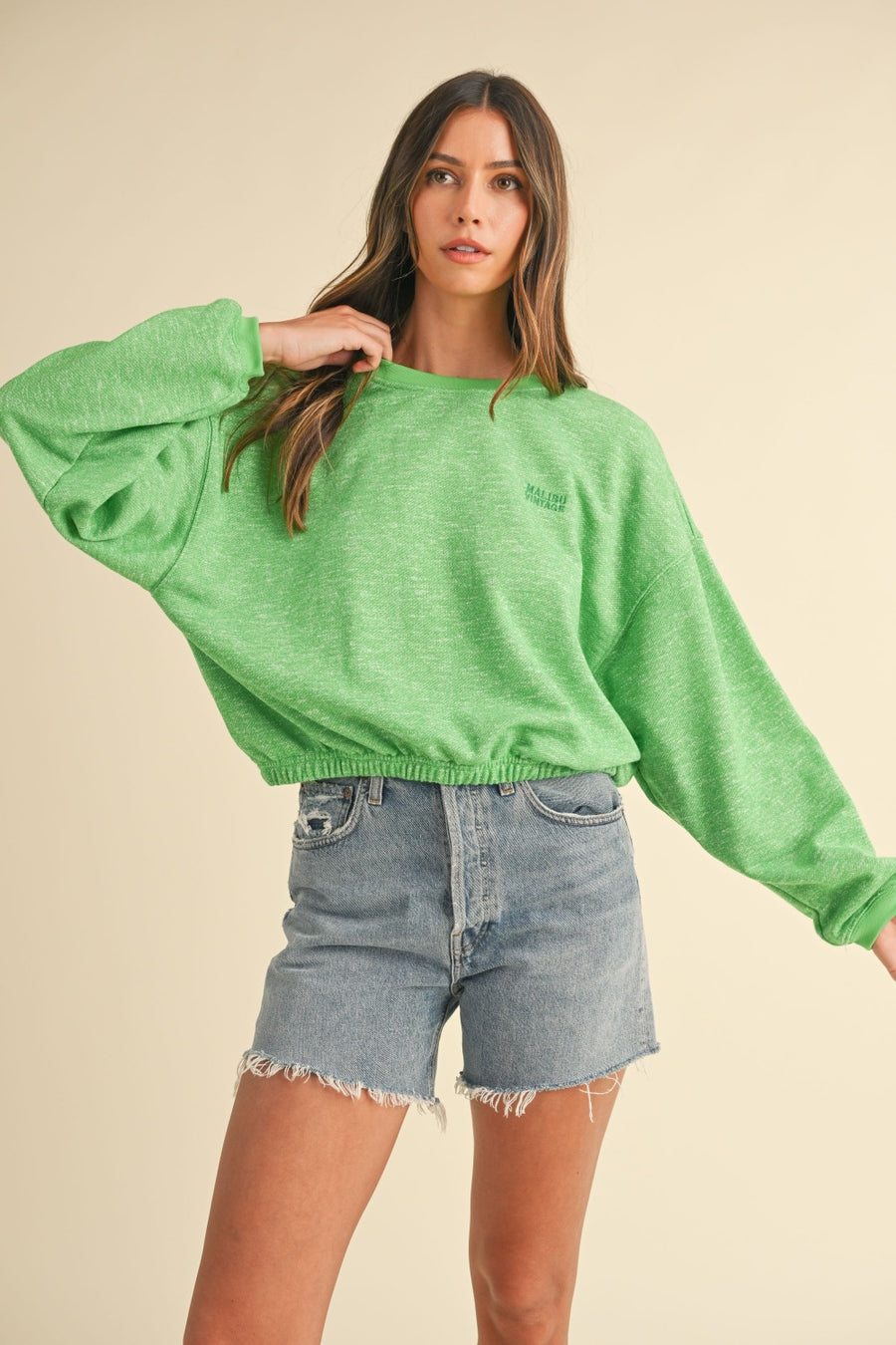 Mable Round Neck Letter Embroidery Crop Sweatshirt- Apple Green