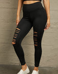 Double Take Wide Waistband Distressed Slim Fit Leggings- Black