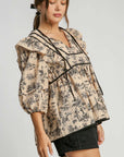 Umgee Ruffled Tie Neck Puff Sleeve Babydoll Blouse- Taupe