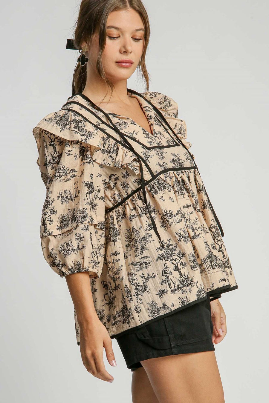 Umgee Ruffled Tie Neck Puff Sleeve Babydoll Blouse- Taupe