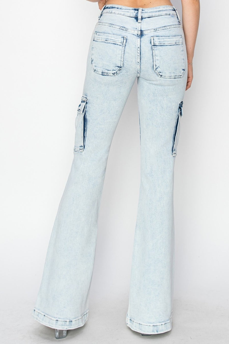 RISEN Full Size High Rise Cargo Flare Jeans-acid light