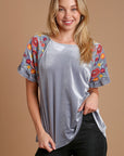 Umgee Velvet Embroidery Short Sleeve Blouse