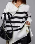 Slit Striped Round Neck Sweater