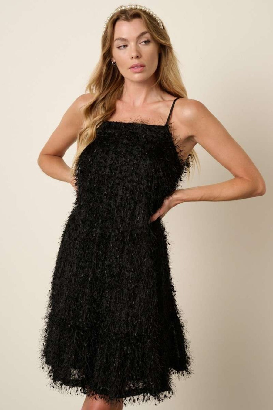 Mittoshop Feather Ruffle Hem Mini Cami Dress-Black