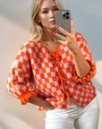 Double Take Tied Checkered Dropped Shoulder Flounce Sleeve Cardigan