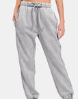 Zenana Full Size Acid Wash Fleece Drawstring Sweatpants with Pockets-Gray