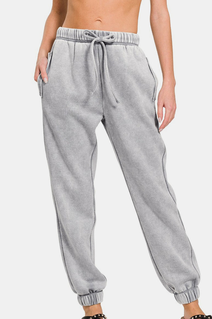 Zenana Full Size Acid Wash Fleece Drawstring Sweatpants with Pockets-Gray