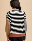 Annie Wear Striped Color Block Round Neck Sweater-Ivory/Black