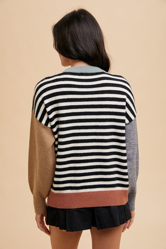 Annie Wear Striped Color Block Round Neck Sweater-Ivory/Black