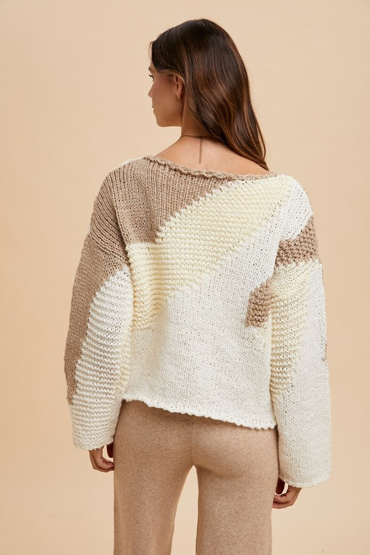 Annie Wear Color Block Drop Shoulder Sweater- Taupe