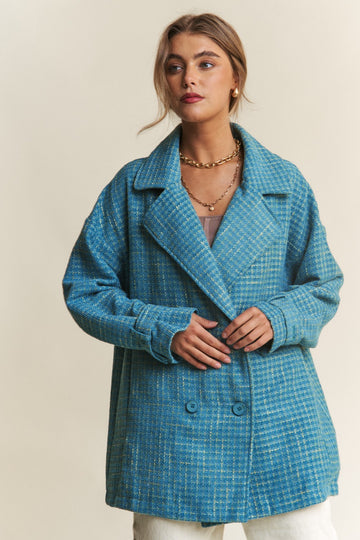 J.NNA Tweed Double-Breasted Long Sleeve Coat in Emerald Sea