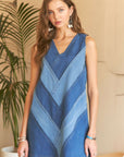 ADORA Chevron Color Block V-Neck Denim Dress-.Denim