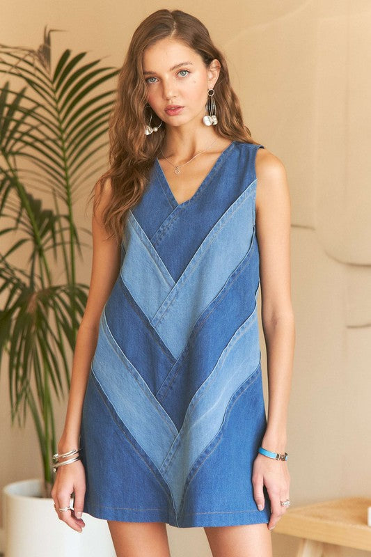 ADORA Chevron Color Block V-Neck Denim Dress-.Denim