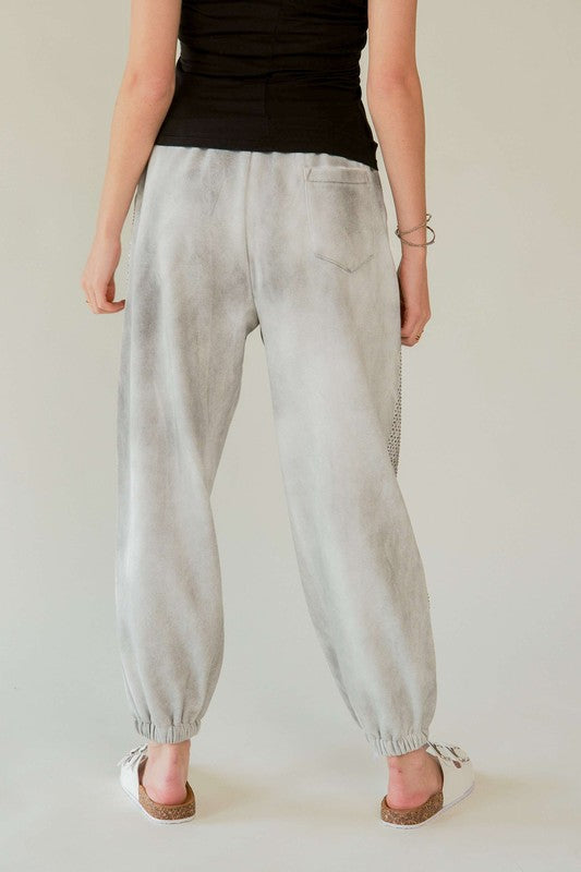 Davi & Dani Rhinestone Elastic Waist Joggers-Light Gray