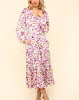 Haptics Full Size Floral V-Neck Long Sleeve Dress with Side Pockets-Lilac