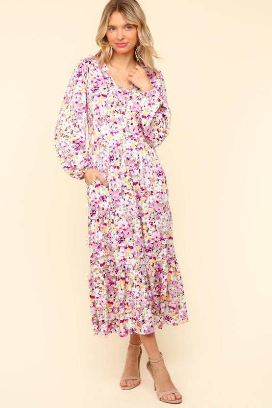 Haptics Full Size Floral V-Neck Long Sleeve Dress with Side Pockets-Lilac