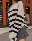 Slit Striped Round Neck Sweater