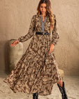 Ruched Printed Notched Long Sleeve Maxi Dress