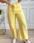 Yellow Solid Color Grommet Detail Knot Waist Barrel Jeans